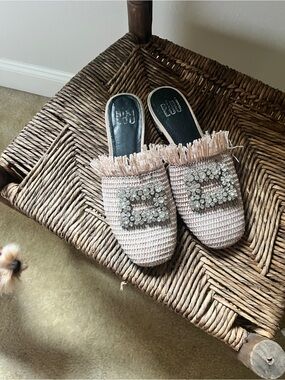 BiBi natural Raffia Slip-On Mules with Crystal Buckle